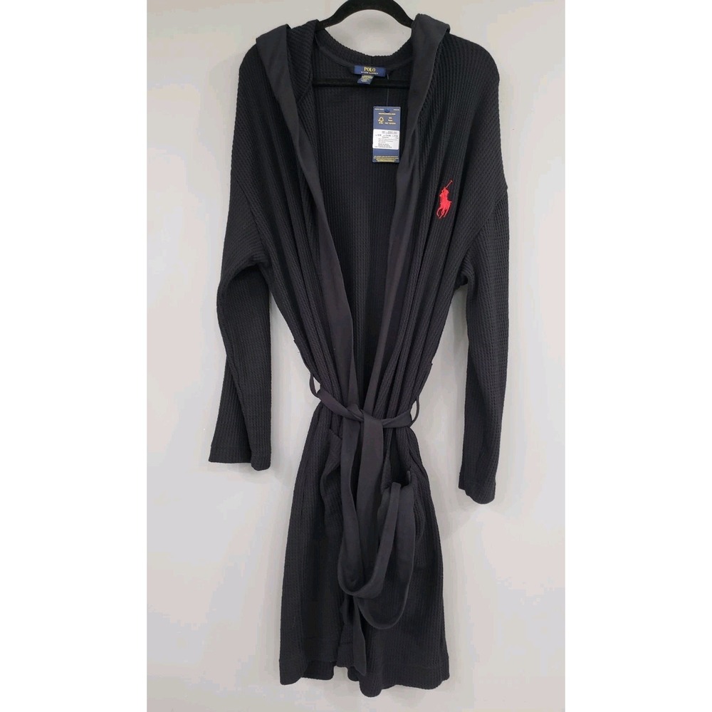NEW S/M Mens Polo Ralph Lauren Black Thermal Knit Waffle Hooded Robe Lounge